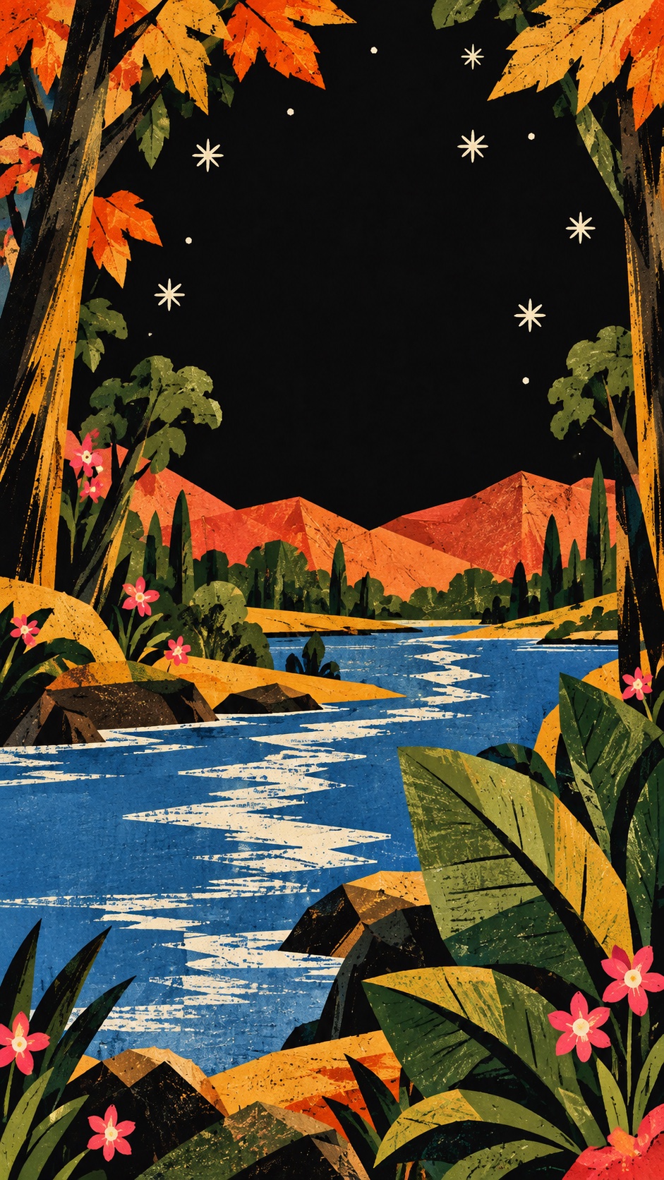 A textured cut-paper forest of angular olive trees, a cobalt-blue river, terracotta hills and pink flowers