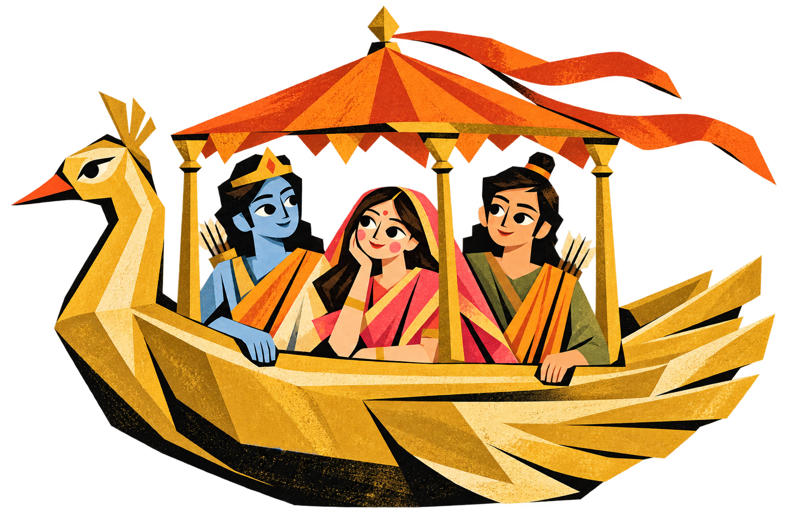 An artistic interpretation of the golden Pushpaka Vimana carrying Shri Ram, Sita ji and Lakshman ji
